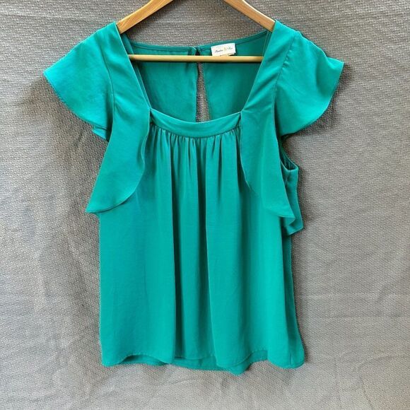 Meadow Rue 6 Blouse Green-Blue Square-neck Tank Ruffles Open Back Flutter Anthro - Picture 1 of 12